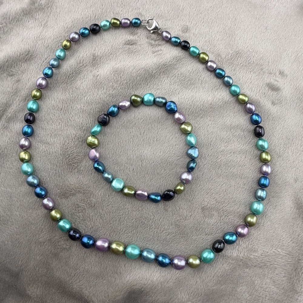 Honora Pearl Necklace Bracelet‎ Set Blue Purple Green 19" 7"